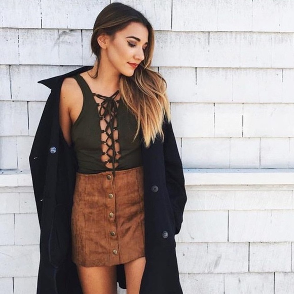 LF Lace-Up Olive Green Bodysuit